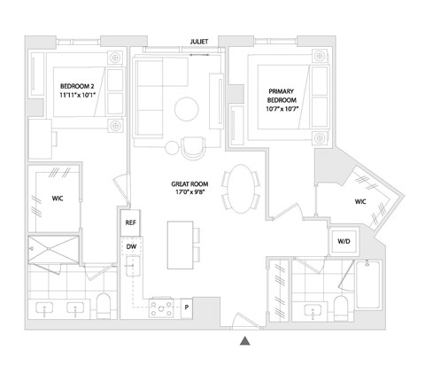 Floor plan for 2 beds, 2 baths, 1126 sqft